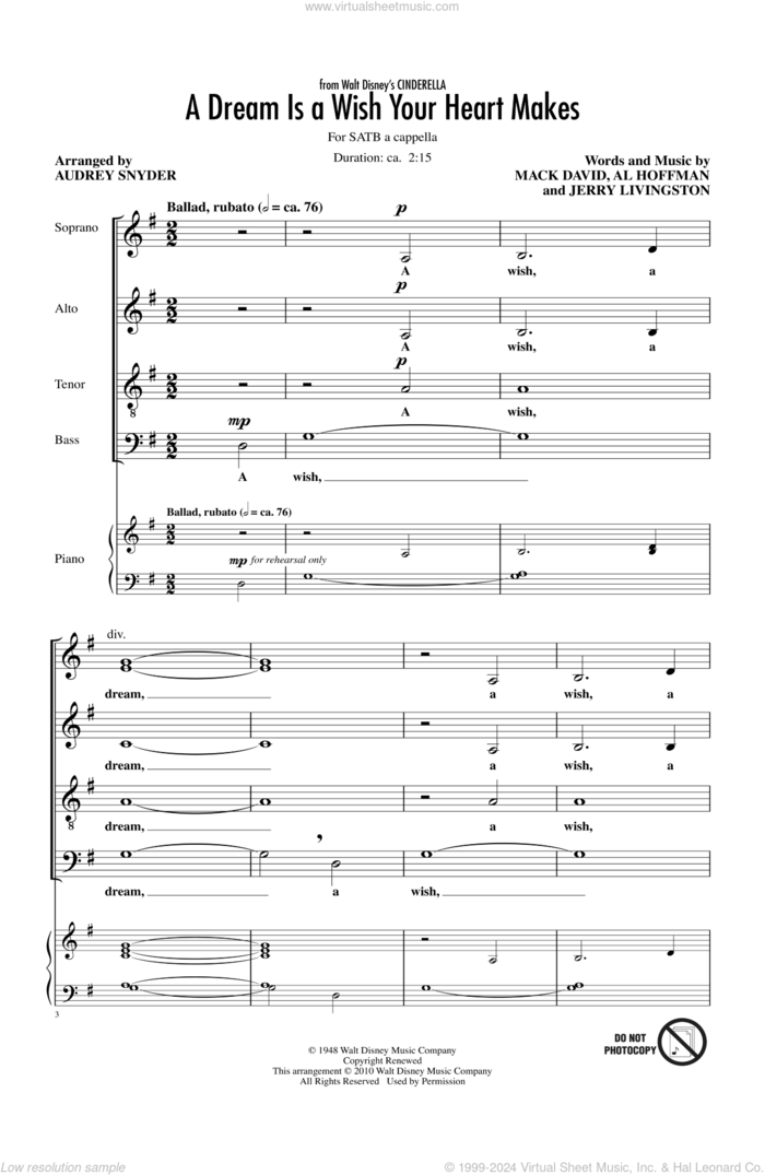 A Dream Is A Wish Your Heart Makes (from Cinderella) (arr. Audrey Snyder) sheet music for choir (SATB: soprano, alto, tenor, bass) by Ilene Woods, Al Hoffman, Jerry Livingston, Mack David and Audrey Snyder, wedding score, intermediate skill level