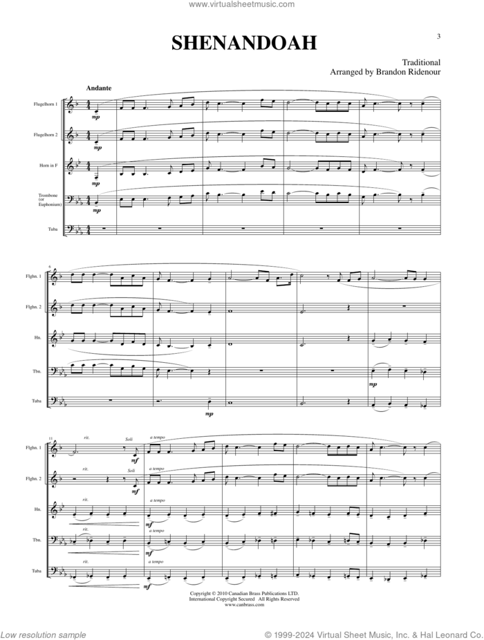 Shenandoah (COMPLETE) sheet music for brass quintet by Canadian Brass, Brandon Ridenour and Miscellaneous, intermediate skill level