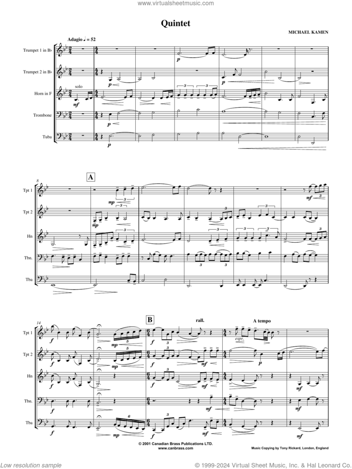 Quintet (COMPLETE) sheet music for brass quintet by Canadian Brass and Michael Kamen, classical score, intermediate skill level