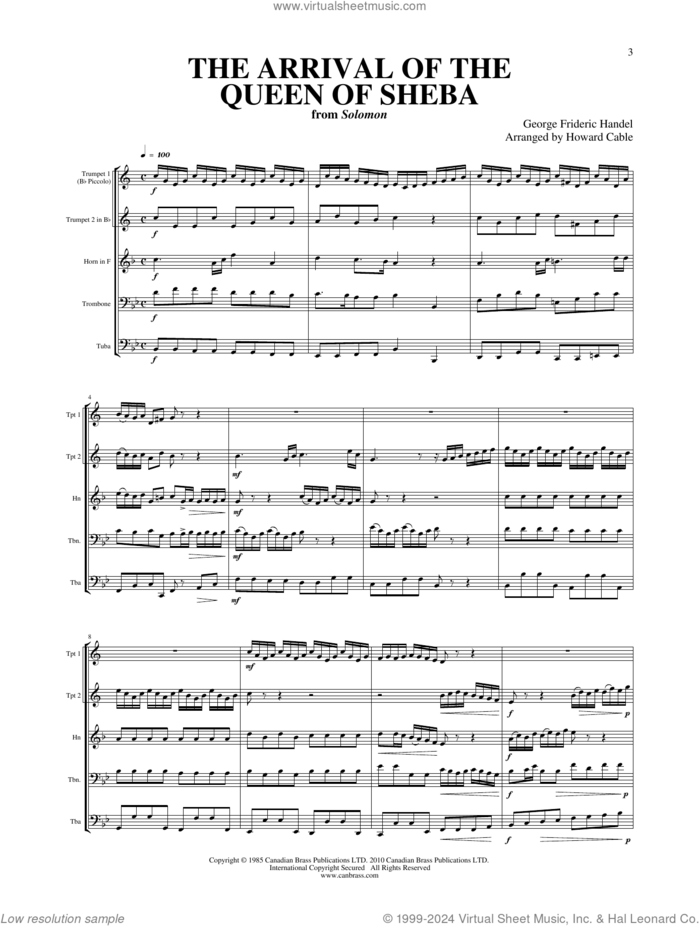 Arrival of the Queen of Sheba (COMPLETE) sheet music for brass quintet by Canadian Brass, George Frideric Handel and Howard Cable, classical score, intermediate skill level