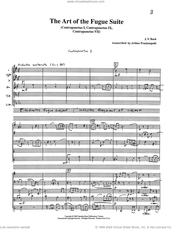 The Art of the Fugue Suite (COMPLETE) sheet music for brass quintet by Canadian Brass, Arthur Frackenpohl and Johann Sebastian Bach, classical score, intermediate skill level