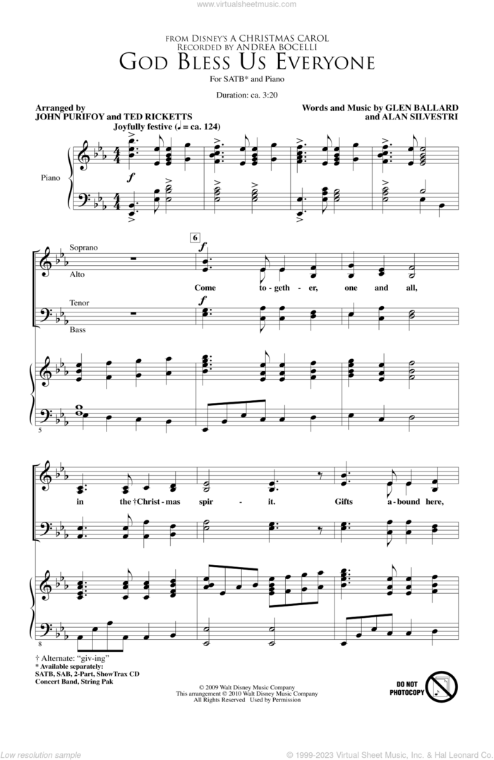 God Bless Us Everyone sheet music for choir (SATB: soprano, alto, tenor, bass) by John Purifoy, Andrea Bocelli and Ted Ricketts, intermediate skill level