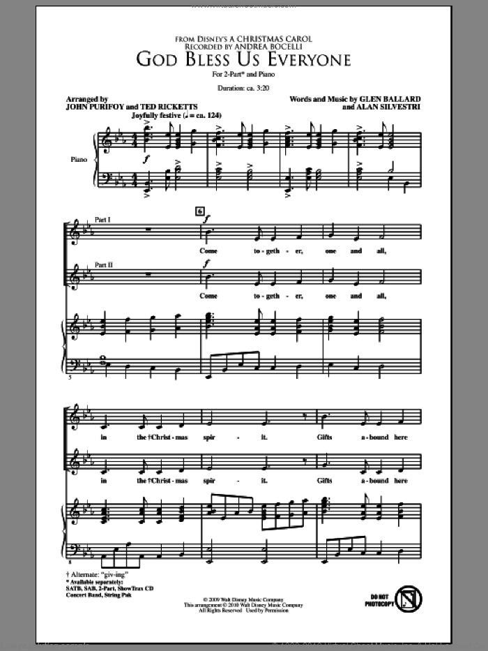 God Bless Us Everyone sheet music for choir (2-Part) by John Purifoy, Andrea Bocelli and Ted Ricketts, intermediate duet