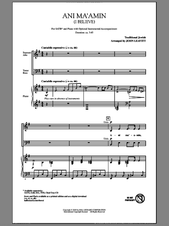 Ani Ma'amin (I Believe) sheet music for choir (SATB: soprano, alto, tenor, bass) by John Leavitt, intermediate skill level