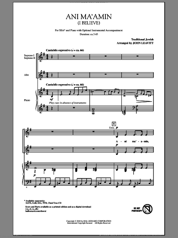Ani Ma'amin (I Believe) sheet music for choir (SSA: soprano, alto) by John Leavitt, intermediate skill level