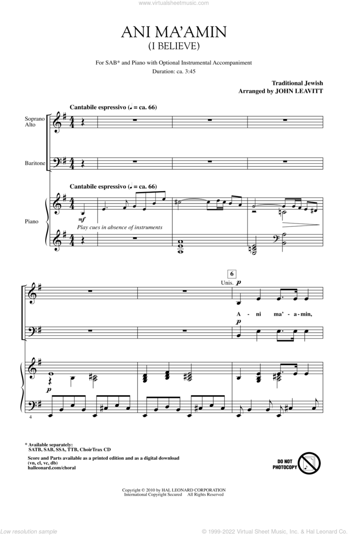 Ani Ma'amin (I Believe) sheet music for choir (SAB: soprano, alto, bass) by John Leavitt, intermediate skill level