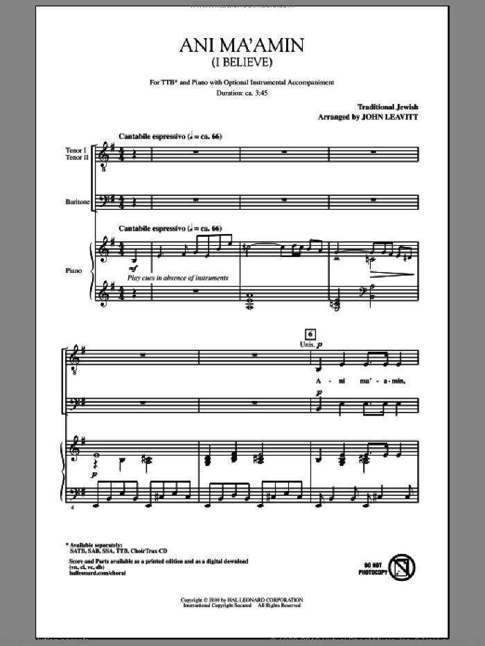 Ani Ma'amin (I Believe) sheet music for choir (TTBB: tenor, bass) by John Leavitt, intermediate skill level