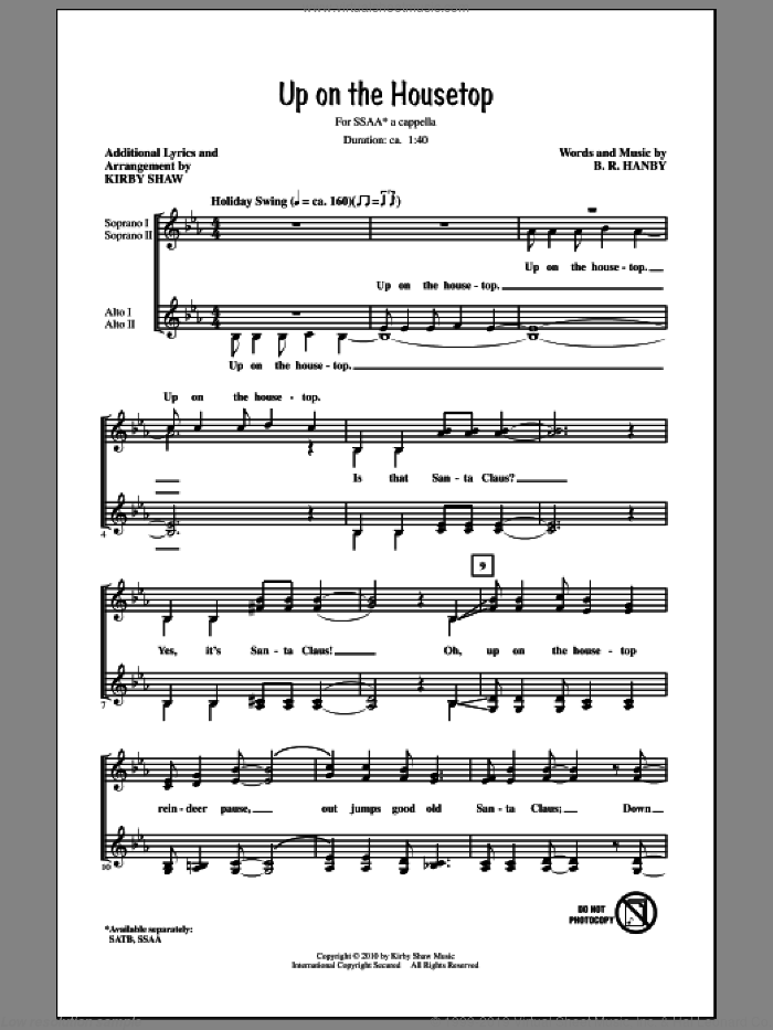 Up On The Housetop sheet music for choir (SSA: soprano, alto) by Benjamin Hanby and Kirby Shaw, intermediate skill level