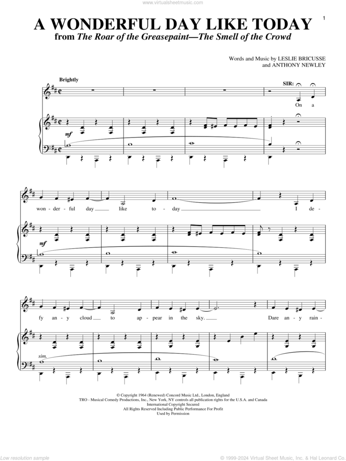 A Wonderful Day Like Today sheet music for voice and piano by Leslie Bricusse and Anthony Newley, intermediate skill level