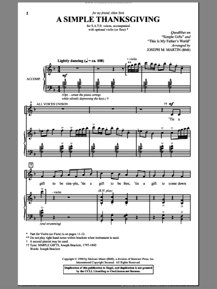 A Simple Thanksgiving sheet music for choir (SATB: soprano, alto, tenor, bass) by Joseph M. Martin, intermediate skill level