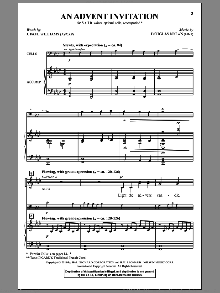 An Advent Invitation sheet music for choir (SATB: soprano, alto, tenor, bass) by Douglas Nolan and J. Paul Williams, intermediate skill level