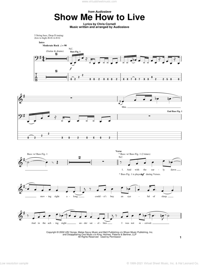 Show Me How To Live sheet music for bass (tablature) (bass guitar) by Audioslave and Chris Cornell, intermediate skill level
