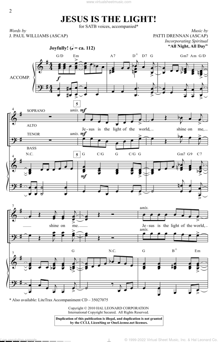 Jesus Is The Light! sheet music for choir (SATB: soprano, alto, tenor, bass) by Patti Drennan and J. Paul Williams, intermediate skill level