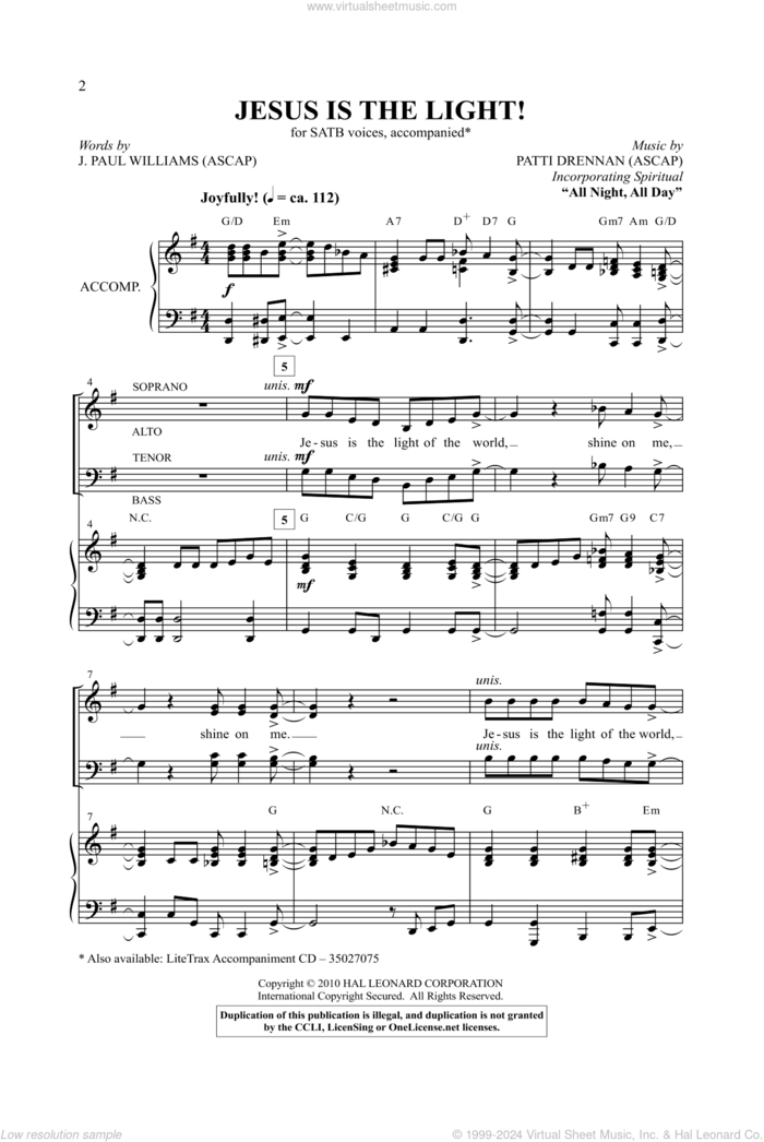 Jesus Is The Light! sheet music for choir (SATB: soprano, alto, tenor, bass) by Patti Drennan and J. Paul Williams, intermediate skill level