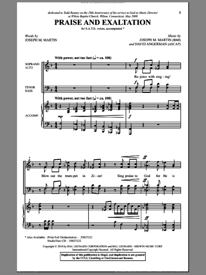 Praise And Exaltation sheet music for choir (SATB: soprano, alto, tenor, bass) by Joseph M. Martin and David Angerman, intermediate skill level