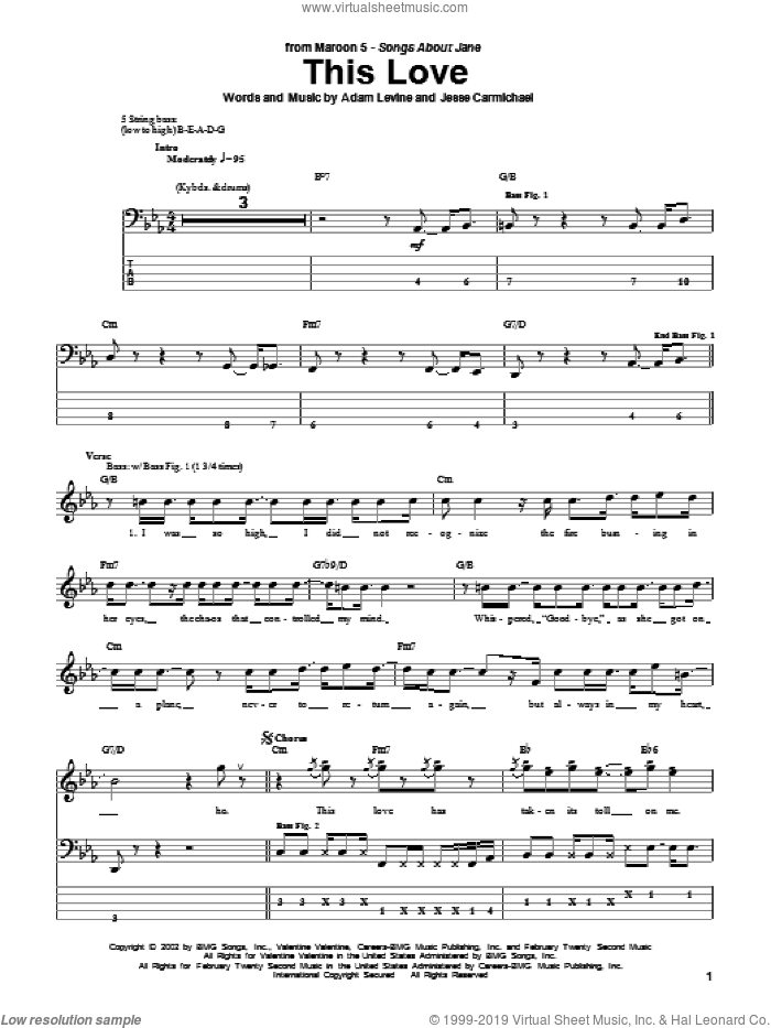 This Love sheet music for bass (tablature) (bass guitar) by Maroon 5, Adam Levine and Jesse Carmichael, intermediate skill level