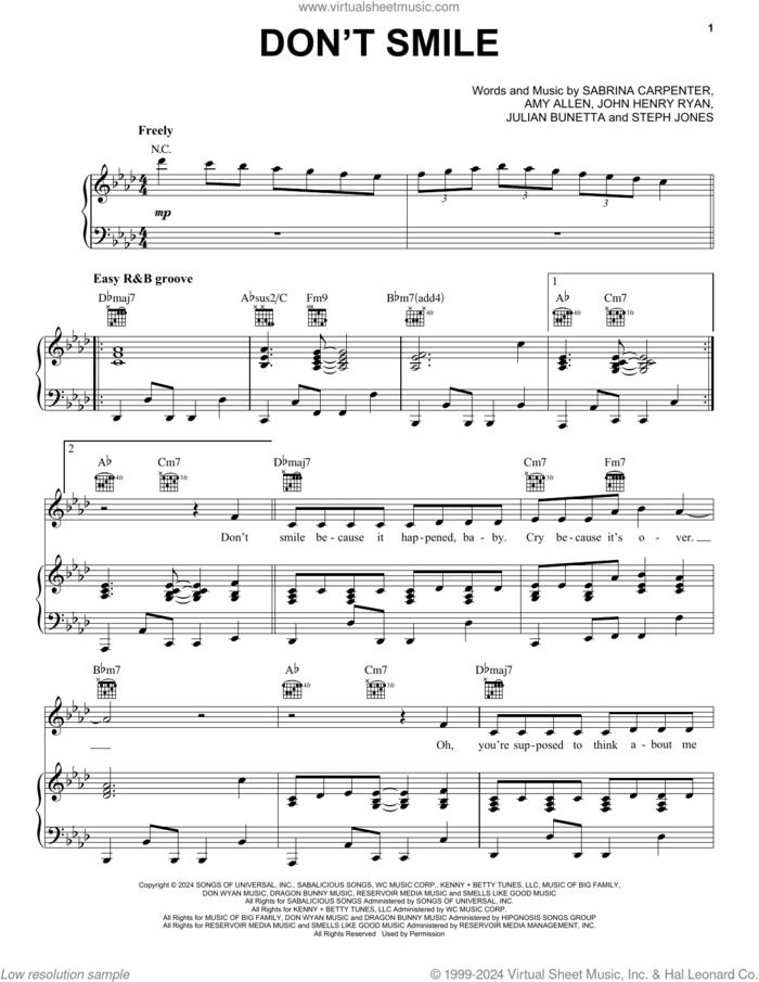 Don't Smile sheet music for voice, piano or guitar by Sabrina Carpenter, Amy Allen, John Henry Ryan, Julian Bunetta and Stephenie Jones, intermediate skill level