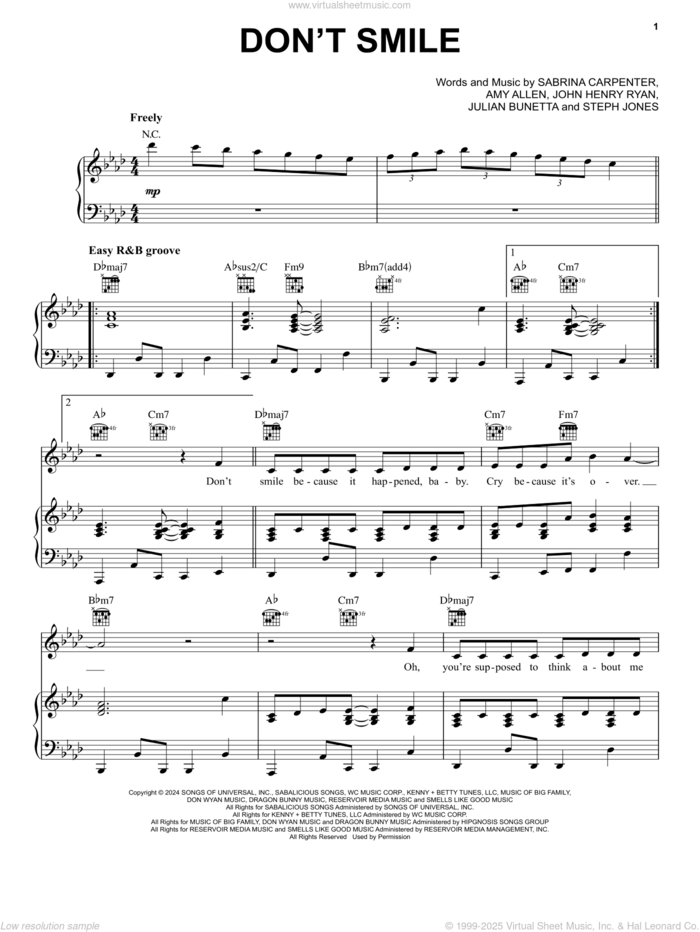 Don't Smile sheet music for voice, piano or guitar by Sabrina Carpenter, Amy Allen, John Henry Ryan, Julian Bunetta and Stephenie Jones, intermediate skill level