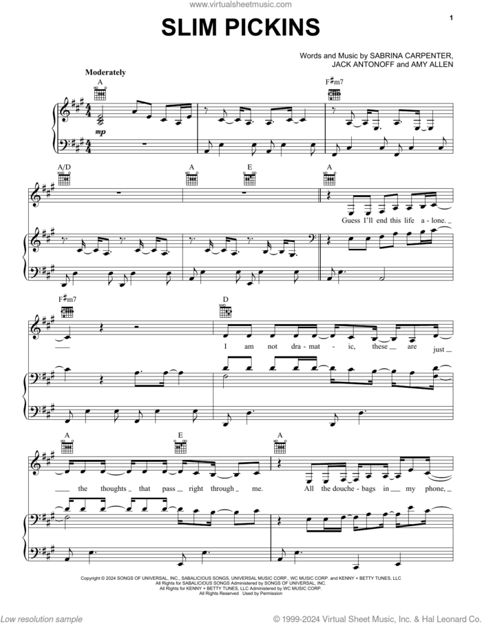 Slim Pickins sheet music for voice, piano or guitar by Sabrina Carpenter, Amy Allen and Jack Antonoff, intermediate skill level