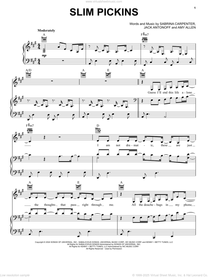 Slim Pickins sheet music for voice, piano or guitar by Sabrina Carpenter, Amy Allen and Jack Antonoff, intermediate skill level