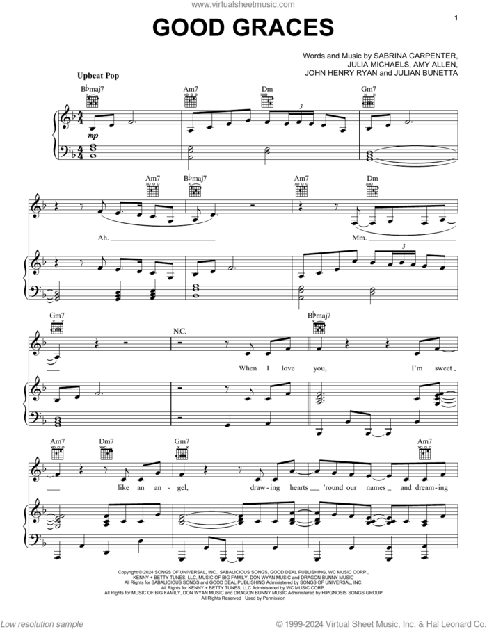 Good Graces sheet music for voice, piano or guitar by Sabrina Carpenter, Amy Allen, John Henry Ryan, Julia Michaels and Julian Bunetta, intermediate skill level