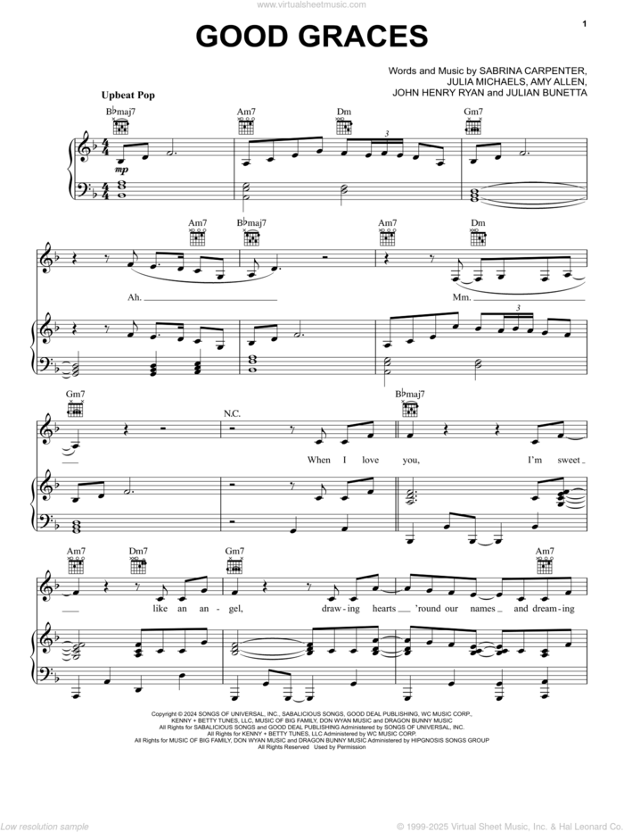 Good Graces sheet music for voice, piano or guitar by Sabrina Carpenter, Amy Allen, John Henry Ryan, Julia Michaels and Julian Bunetta, intermediate skill level