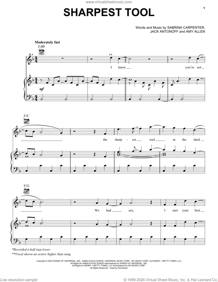 Sharpest Tool sheet music for voice, piano or guitar by Sabrina Carpenter, Amy Allen and Jack Antonoff, intermediate skill level