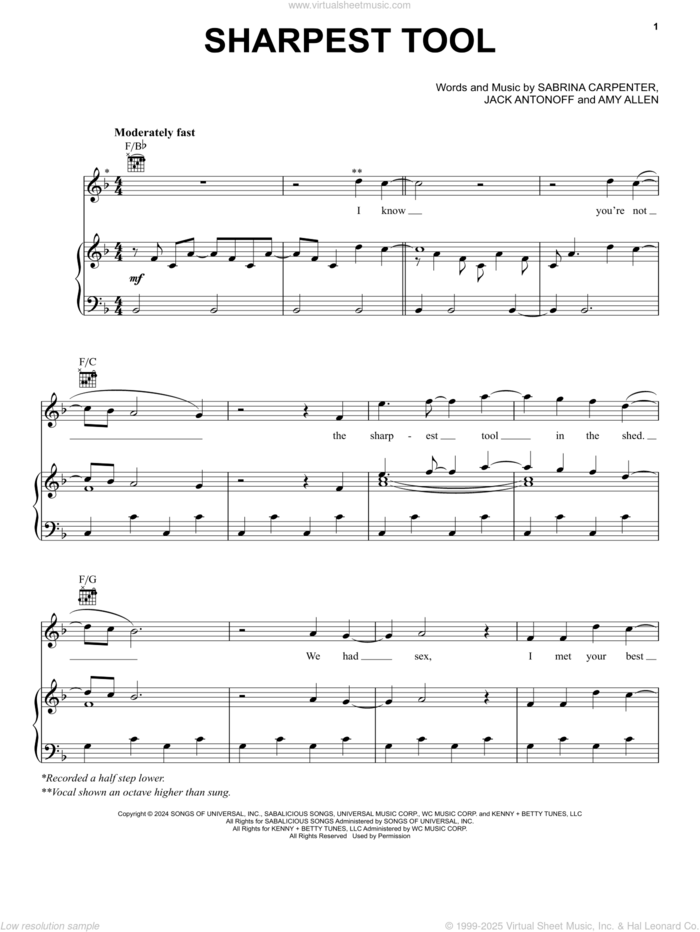 Sharpest Tool sheet music for voice, piano or guitar by Sabrina Carpenter, Amy Allen and Jack Antonoff, intermediate skill level