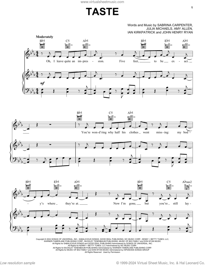 Taste sheet music for voice, piano or guitar by Sabrina Carpenter, Amy Allen, Ian Kirkpatrick, John Henry Ryan and Julia Michaels, intermediate skill level