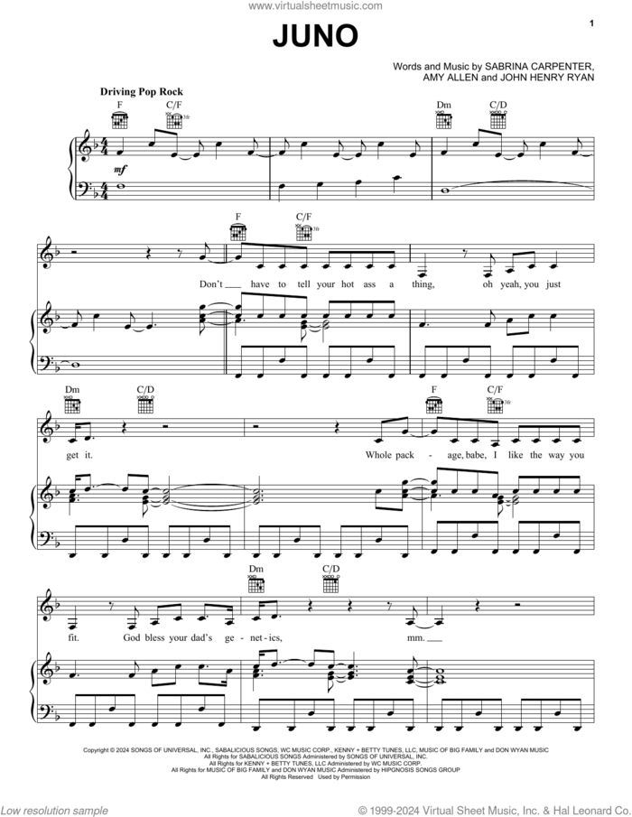 Juno sheet music for voice, piano or guitar by Sabrina Carpenter, Amy Allen and John Henry Ryan, intermediate skill level