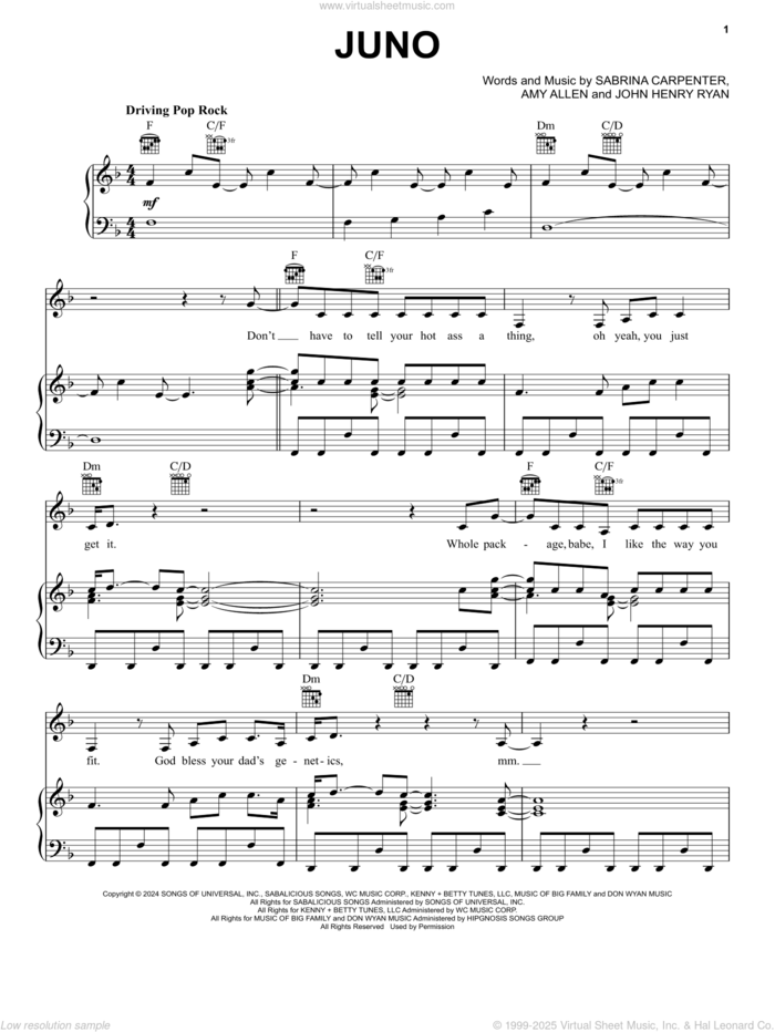 Juno sheet music for voice, piano or guitar by Sabrina Carpenter, Amy Allen and John Henry Ryan, intermediate skill level