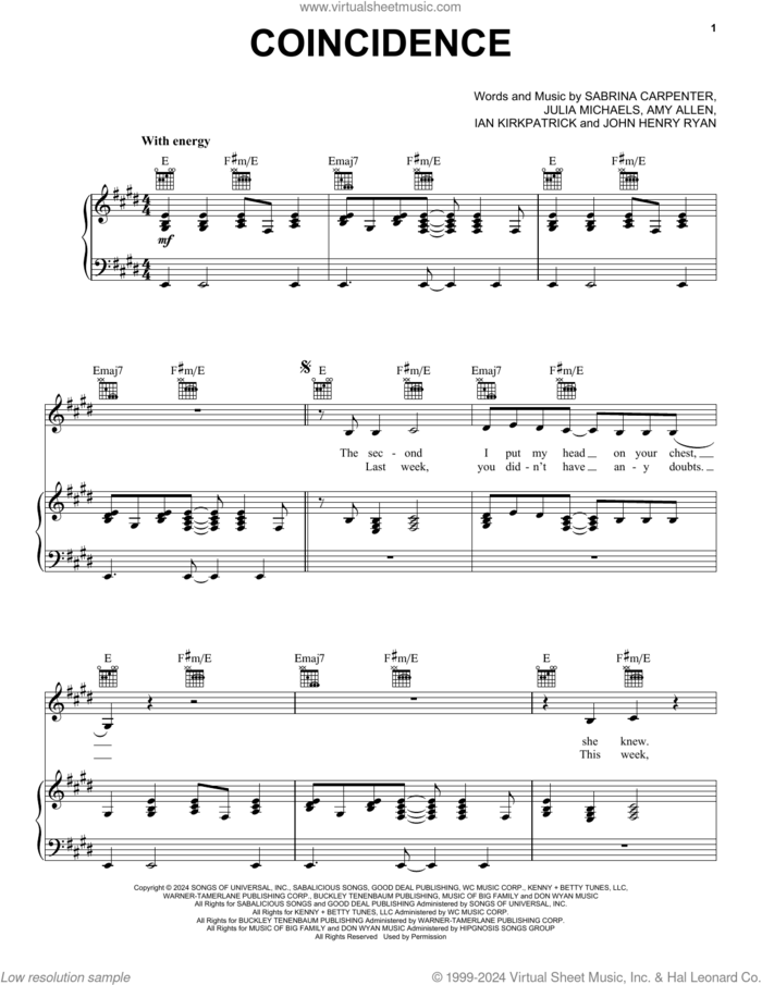 Coincidence sheet music for voice, piano or guitar by Sabrina Carpenter, Amy Allen, Ian Kirkpatrick, John Henry Ryan and Julia Michaels, intermediate skill level