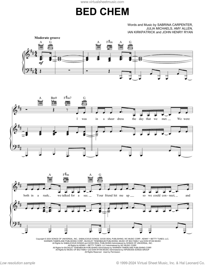 Bed Chem sheet music for voice, piano or guitar by Sabrina Carpenter, Amy Allen, Ian Kirkpatrick, John Henry Ryan and Julia Michaels, intermediate skill level