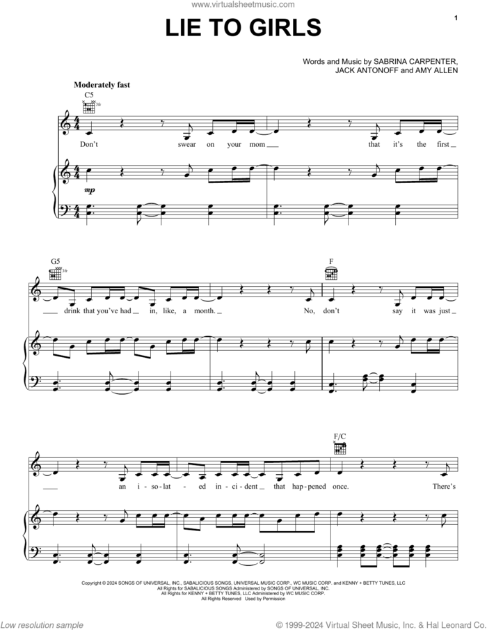 Lie To Girls sheet music for voice, piano or guitar by Sabrina Carpenter, Amy Allen and Jack Antonoff, intermediate skill level