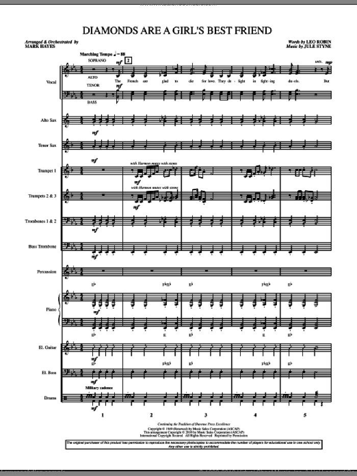 Diamonds Are A Girl's Best Friend (arr. Mark Hayes) (COMPLETE) sheet music for orchestra/band by Jule Styne, Leo Robin, Marilyn Monroe and Mark Hayes, intermediate skill level