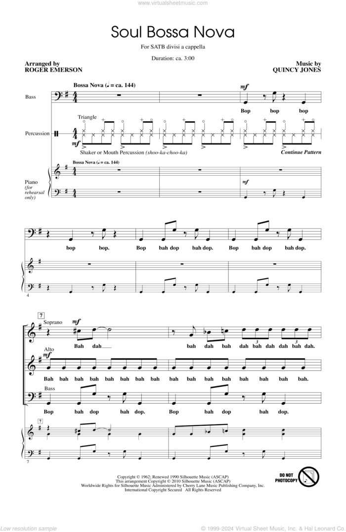 Soul Bossa Nova sheet music for choir (SATB: soprano, alto, tenor, bass) by Quincy Jones and Roger Emerson, intermediate skill level