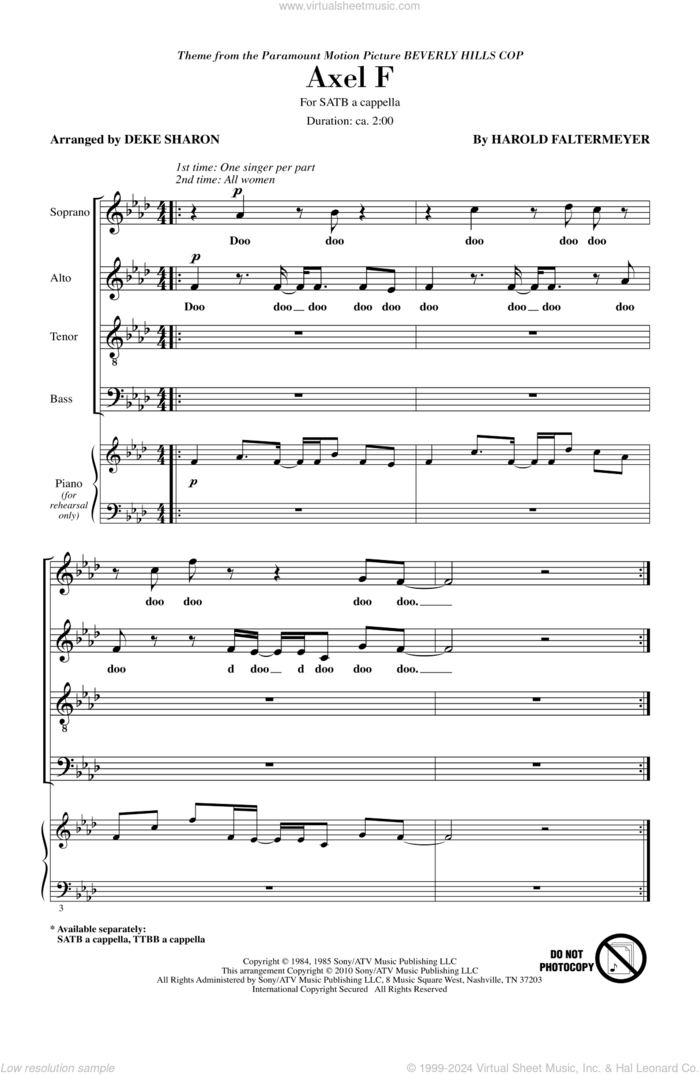 Axel F (from Beverly Hills Cop) (arr. Deke Sharon) sheet music for choir (SATB: soprano, alto, tenor, bass) by Harold Faltermeyer and Deke Sharon, intermediate skill level