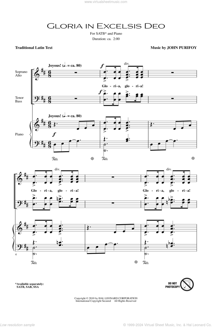 Gloria In Excelsis Deo sheet music for choir (SATB: soprano, alto, tenor, bass) by John Purifoy, intermediate skill level