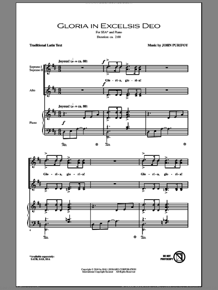 Gloria In Excelsis Deo sheet music for choir (SSA: soprano, alto) by John Purifoy, intermediate skill level