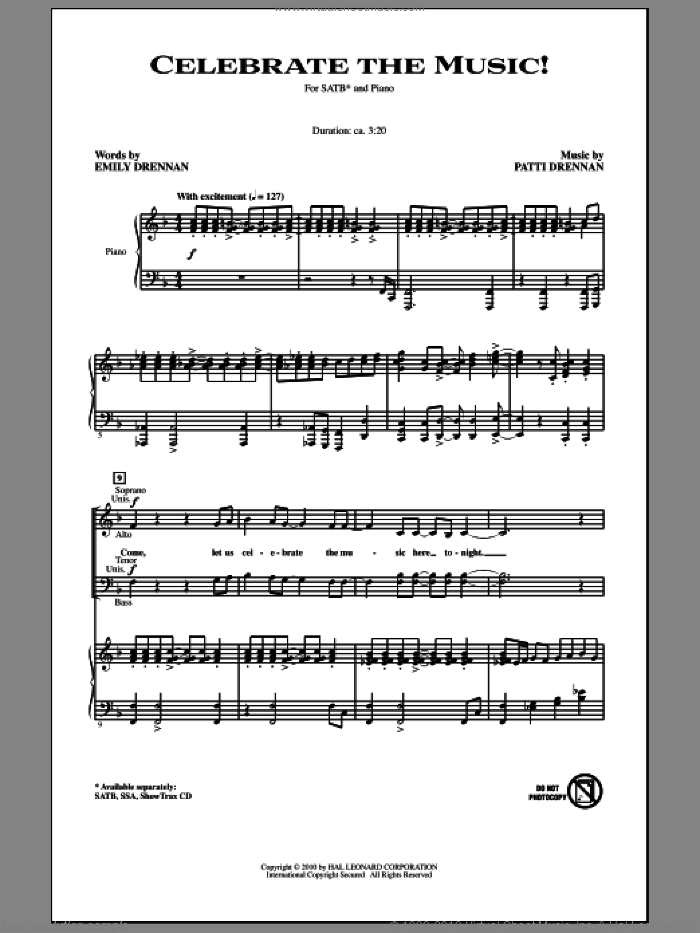 Celebrate The Music! sheet music for choir (SATB: soprano, alto, tenor, bass) by Patti Drennan and Emily Drennan, intermediate skill level