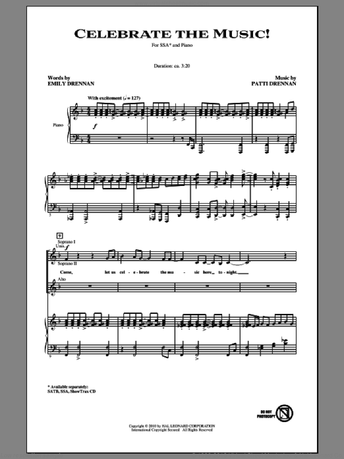 Celebrate The Music! sheet music for choir (SSA: soprano, alto) by Patti Drennan and Emily Drennan, intermediate skill level