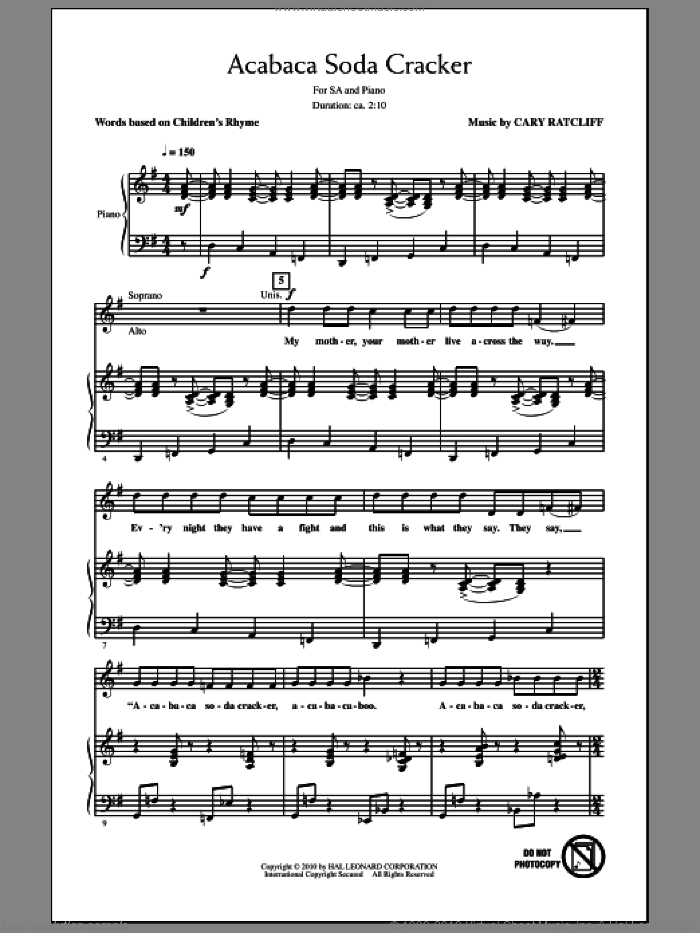 Acabaca Soda Cracker sheet music for choir (2-Part) by Cary Ratcliff, intermediate duet