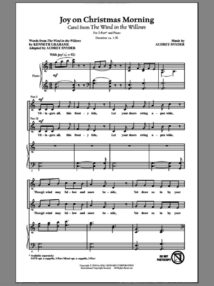 Joy On Christmas Morning (Carol from The Wind In The Willows) sheet music for choir (2-Part) by Audrey Snyder, intermediate duet