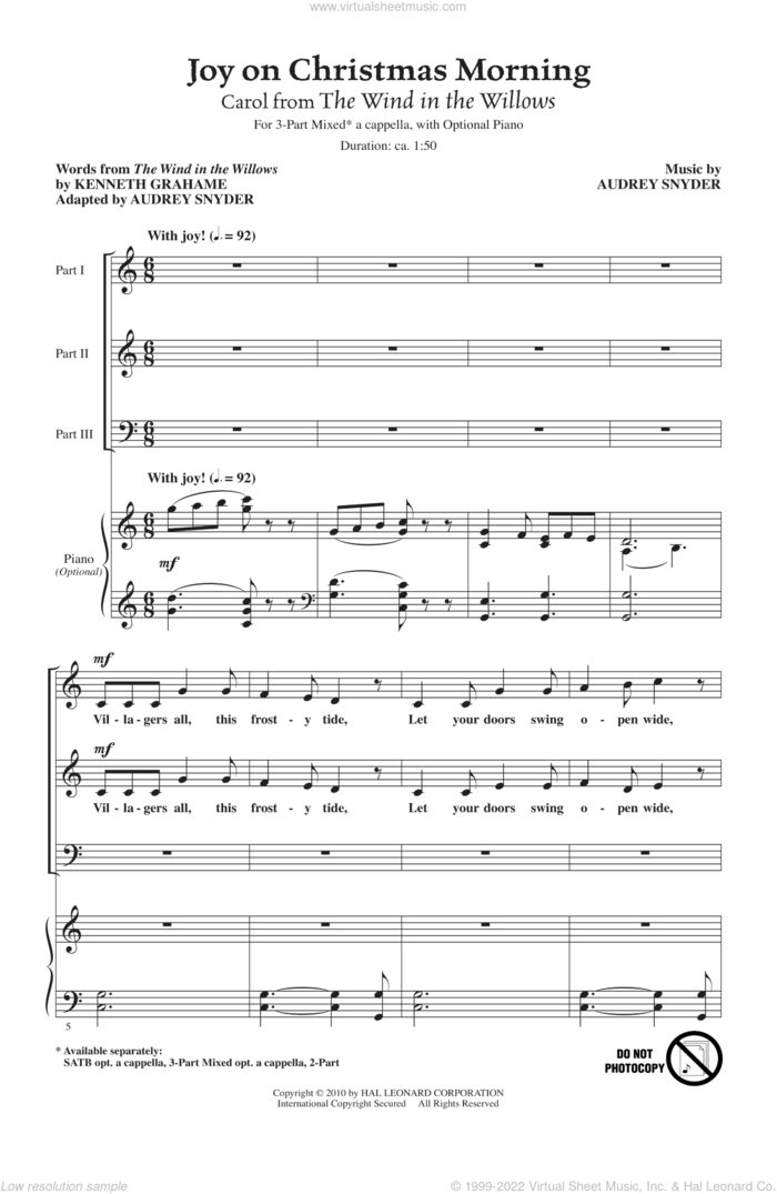 Joy On Christmas Morning (Carol from The Wind In The Willows) sheet music for choir (3-Part Mixed) by Audrey Snyder, intermediate skill level