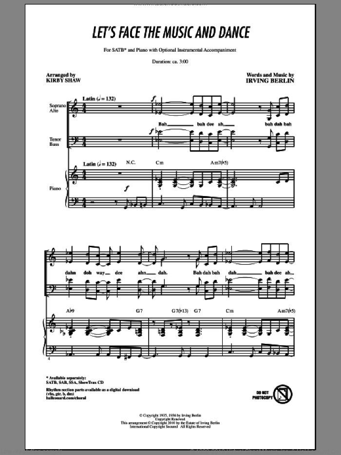 Let's Face The Music And Dance sheet music for choir (SATB: soprano, alto, tenor, bass) by Irving Berlin and Kirby Shaw, intermediate skill level