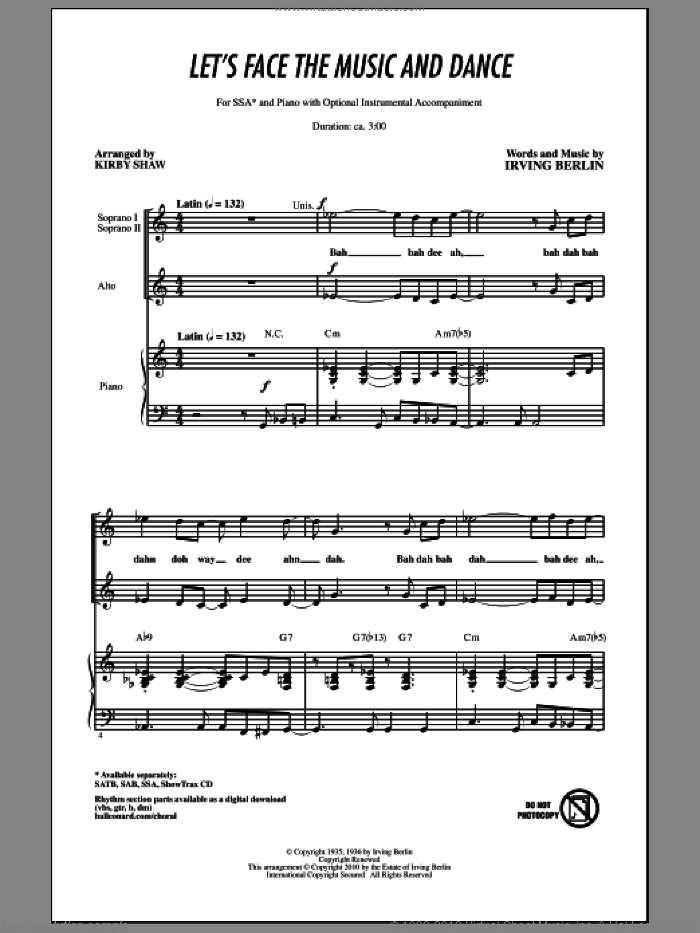 Let's Face The Music And Dance sheet music for choir (SSA: soprano, alto) by Irving Berlin and Kirby Shaw, intermediate skill level