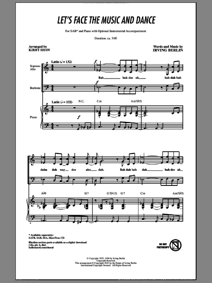 Let's Face The Music And Dance sheet music for choir (SAB: soprano, alto, bass) by Irving Berlin and Kirby Shaw, intermediate skill level