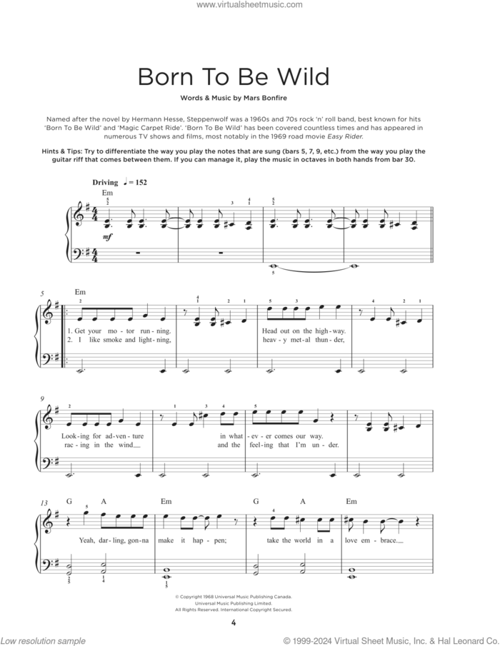 Born To Be Wild, (beginner) sheet music for piano solo by Steppenwolf and Mars Bonfire, beginner skill level