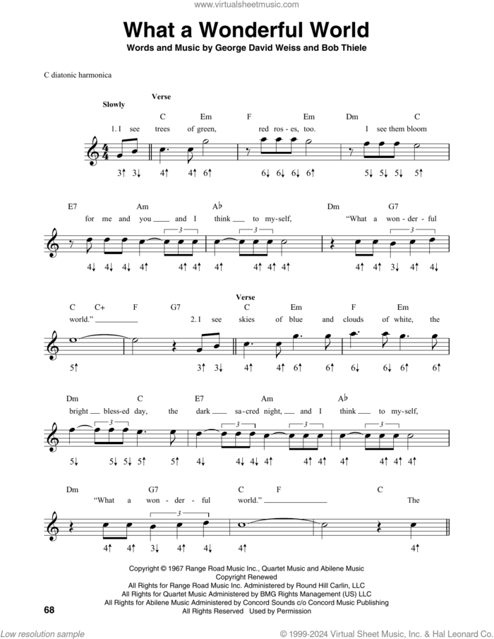 What A Wonderful World sheet music for harmonica solo by Louis Armstrong, George David Weiss and George Douglas, intermediate skill level