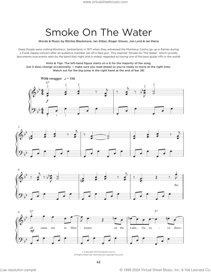 Smoke On The Water sheet music for piano solo by Deep Purple, Ian Gillan, Ian Paice, Jon Lord, Ritchie Blackmore and Roger Glover, beginner skill level